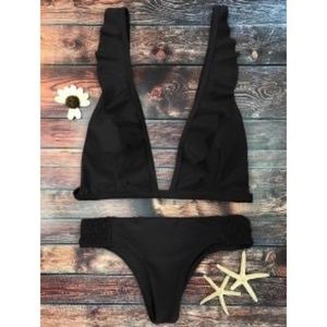 Zaful Black Ruffle Plunge Bikini Sz S BRAND NEW!